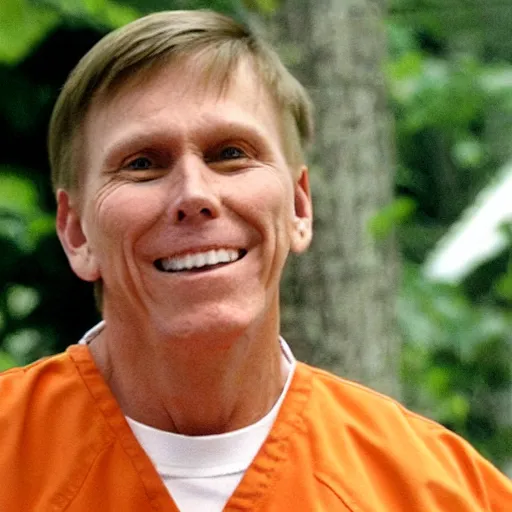 Image similar to pastor kent hovind in orange prison uniform, smiling, still from orange is the new black