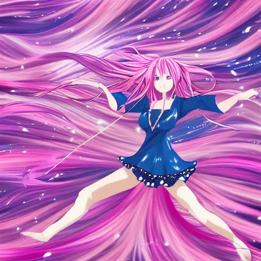 Prompt: “anime girl, flowing pink hair, extremely beautiful, swirling pink background, action shot, by Kurahana Chinatsu, trending on PixArt”