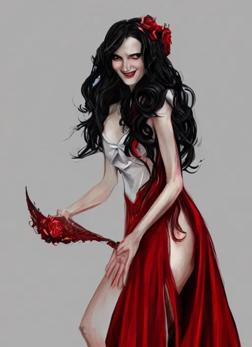 Image similar to a highly detailed illustration of beautiful long black hair white woman wearing a red dress, dramatic smile pose, intricate, elegant, highly detailed, centered, digital painting, artstation, concept art, smooth, sharp focus, league of legends concept art, WLOP