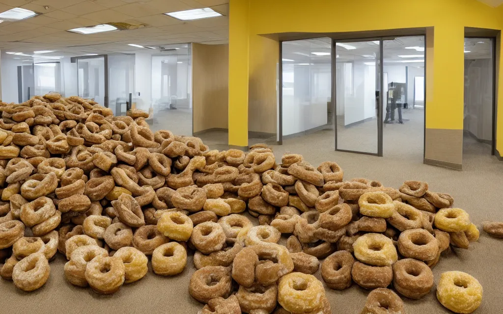 Prompt: a mountain of donuts inside of an empty 9 0 s office building with no windows doors or furniture the building has brown carpet and yellow wallpaper