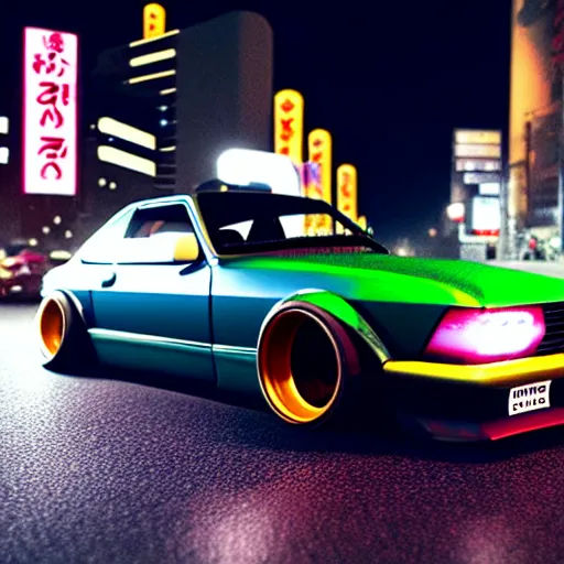 Image similar to a car S30 turbo drift at illegal car meet, shibuya prefecture, midnight mist streetlights, realistic colors, photorealistic, highly detailed wheels, highly detailed