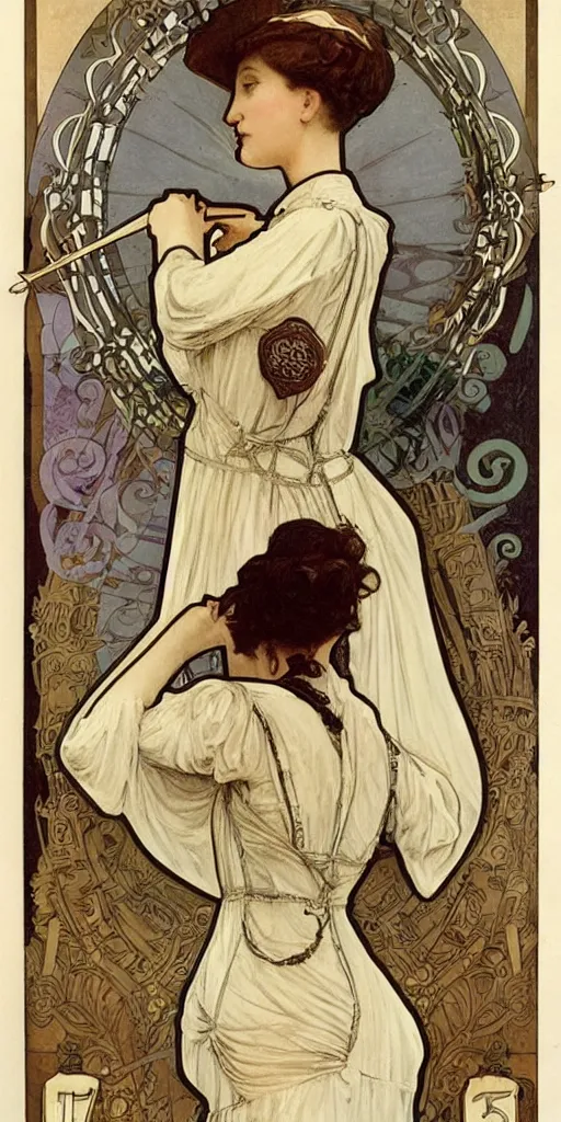 Image similar to a young edwardian woman playing chess, in the style of mucha