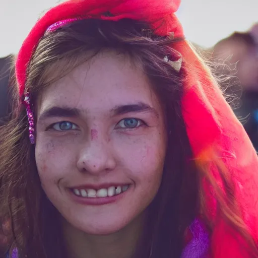 Prompt: ultra high resolution close - up of a beautiful young woman standing in crowd of psytrance music festival, looking down at the camera. her face is partially obscured by a red scarf, and she has a smiling expression. the light is dim, and the colours are muted. kodak etkar 1 0 0.