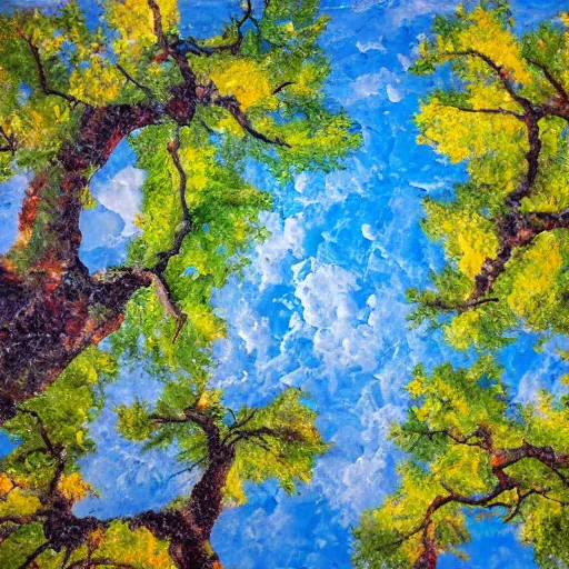 Image similar to oil paint impasto reliefs of looking up at a large sunny oak tree, through to stormy clouds, thick heavy painterly splatter, photographic quality, realistic style - i