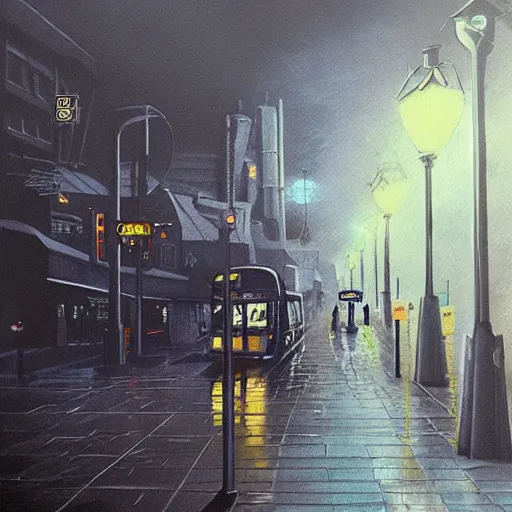 Image similar to dark city bus stop, painting by Hayao Miyazaki,ArtStation