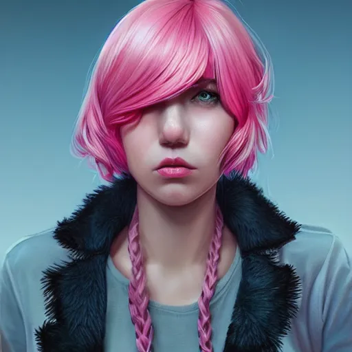 Prompt: Stern girl with pink bubblegum hair, Mark Edward Fischbach, intricate, highly detailed, digital painting, artstation, concept art, smooth, sharp focus, illustration, Unreal Engine 5, 8K, art by artgerm and greg rutkowski and Martine Johanna