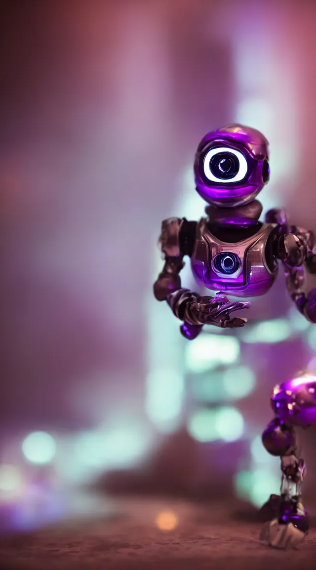 Image similar to portrait of a tiny robot with purple lights, professional photo, hdr, bokeh, sci fi, tiny castle, fantasy