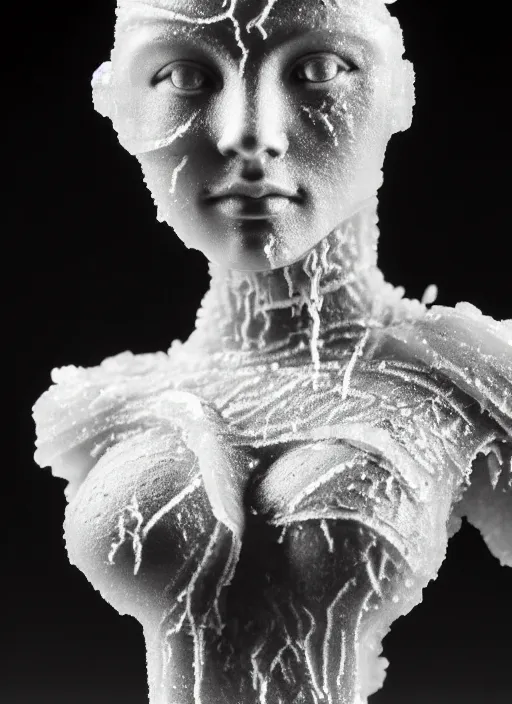 Image similar to a young female cyborg bust made of ice and smoke and wet mud, dramatic, ilford hp 5, closeup - view, f / 2. 8, high contrast, 1 6 k, fluorescent lamp, contre - jour, insanely detailed and intricate, hypermaximalist, elegant, ornate, hyper realistic, super detailed