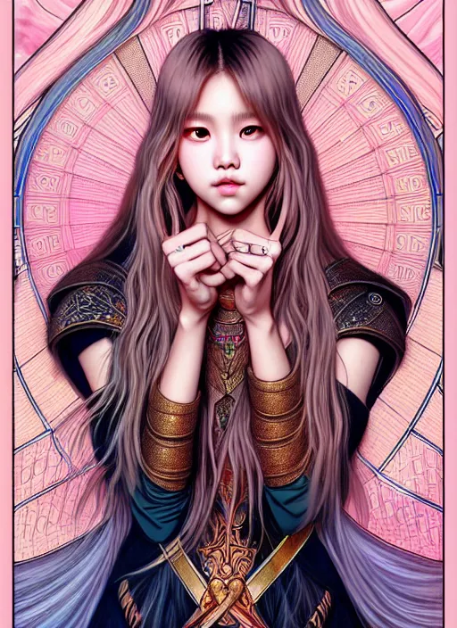 Image similar to lalisa manoban of blackpink, knight armor, tarot card, highly detailed, digital painting, smooth, sharp focus, illustration, ultra realistic, 8 k, art by artgerm and alphonse mucha