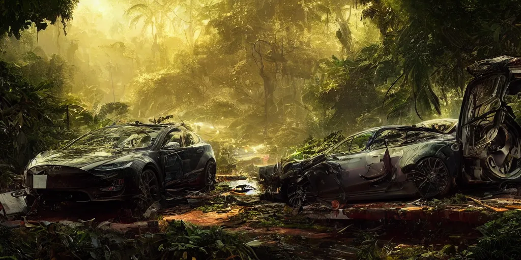 Image similar to Intricate detailed illustration, A crashed tesla being reclaimed by lush jungle, cinematic lighting, by Sparth and Greg Rutkowski, wide angle, volumetric light scattering, 8k, artstation, concept art,