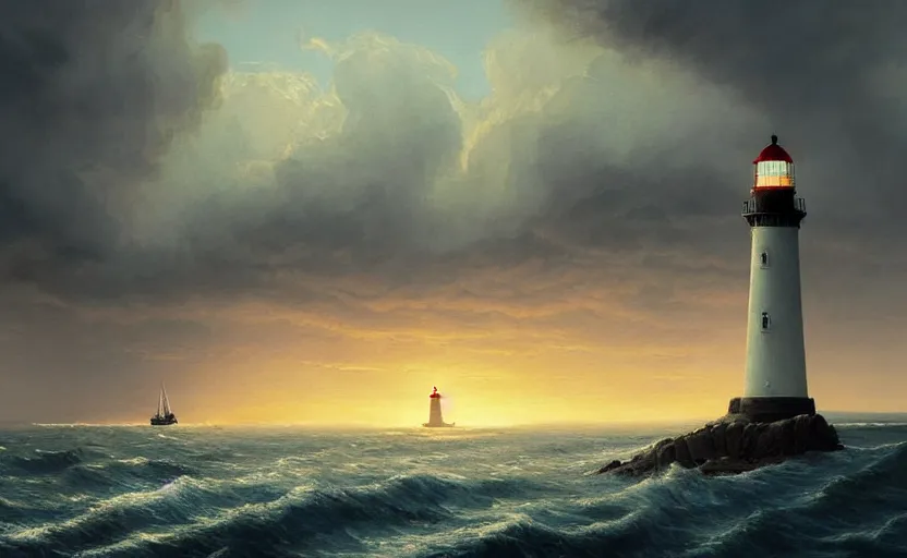 Image similar to painting of a lighthouse at sunset with a sailing ship in a storm, natural light, concept art, by greg rutkowski, cozy atmospheric and cinematic lighting