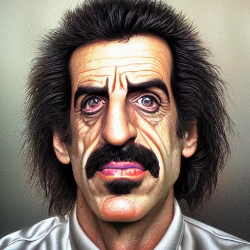 Image similar to Caricature portraits done of Frank Zappa, realistic, hyperrealistic, very realistic, highly detailed, very detailed, extremely detailed, detailed, oil painting, digital art, trending on artstation