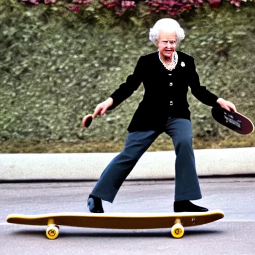 Image similar to queen elizabeth riding a skateboard
