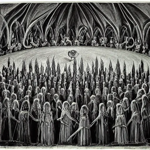 Prompt: lord of the rings by bridget bate tichenor, by hans baluschek stunning. a beautiful drawing of a large room with many people in it. there is a lot of activity going on, with people talking & moving around. the room is ornately decorated & there is a large window at one end.