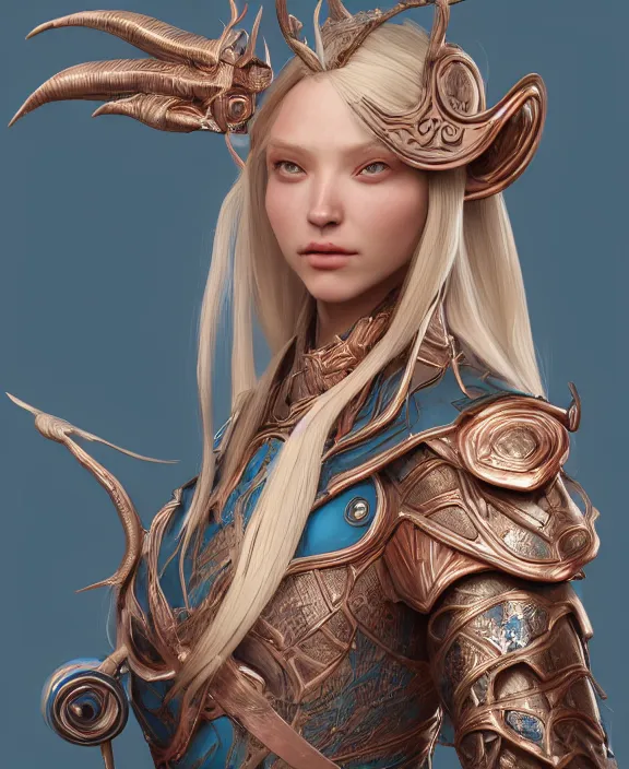 Prompt: a beautiful and highly detailed digital portrait of a dignified elf with long blue hair in rose gold armor by jia ruan, clint cearley, and karol bak, centered, artsation contest winner, cgsociety, fantasy art, cryengine, concept art, photorealism, daz 3 d, sketchfab, zbrush, vray