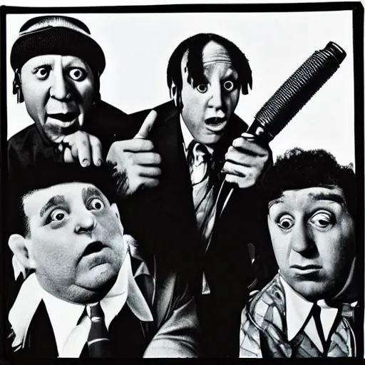 Image similar to an album cover for the three stooges as a hip hop group in 1980