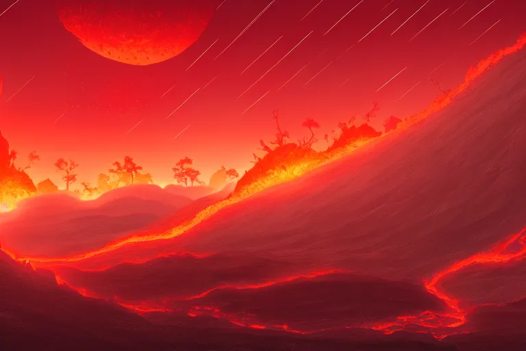 Image similar to red themed lava landscape, meteor shower, epic, miyazaki style, cinematic, indie, highly detailed, featured on artstation, highly detailed, abstract