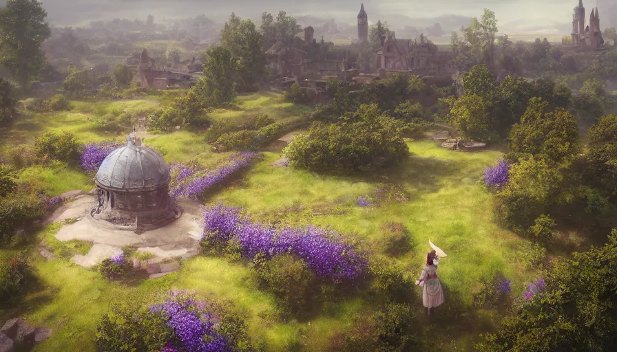 Prompt: landscape painting drone shot of violet evergarden facing away standing on a distant flower hill, behind it a distant old german city, sunshine, fantasy, intricate, elegant, highly detailed, digital painting, artstation, blender, unreal engine 5, octane render, smooth, sharp focus, illustration, by Philipp A. Urlich and greg rutkowski