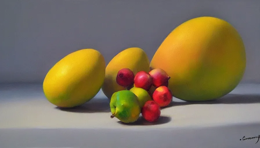 Image similar to mango, still life, oil painting by jama jurabaev, tyler edlin, james paick, emmanuel shiru, victor mosquera, extremely detailed, brush hard, artstation, for aaa game, high quality, brush stroke