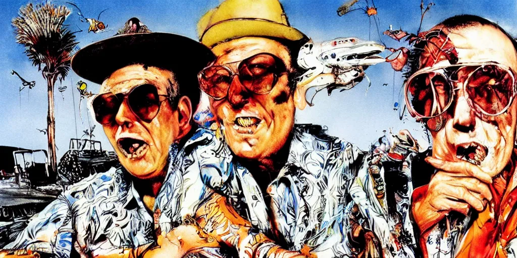 Image similar to fear and loathing in florida, by ralph steadman art in a terry gilliam movie, cinematic frame, hunter s thompson,