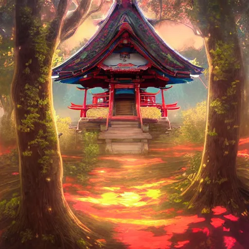 Image similar to a beautiful painting of detailed japanese treehouse shrine, breath of the wild, hyrule, inspired by cyril rolando, david wiesner, ornate, intricate, emitting light ornaments, volumetric lighting, cgsociety, alizarin red, brick red