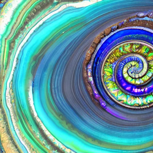 Image similar to Art Nouveau cresting oil slick waves, hyperdetailed bubbles in a shiny iridescent oil slick wave, ammolite, detailed giant opalized ammonite shell, black opal, abalone, paua shell, ornate copper patina medieval ornament, rococo, oganic rippling spirals, octane render, 8k 3D, druzy geode, cresting waves and seafoam