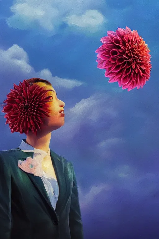 Image similar to closeup giant dahlia flower head, girl in a suit on a street, surreal photography, blue sky, sunrise, dramatic light, impressionist painting, digital painting, artstation, simon stalenhag