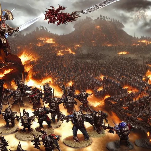 Image similar to The Emperor of mankind together with the primarchs are fighting against the Orcs. Epic battle, brutal style, super quality, 4k