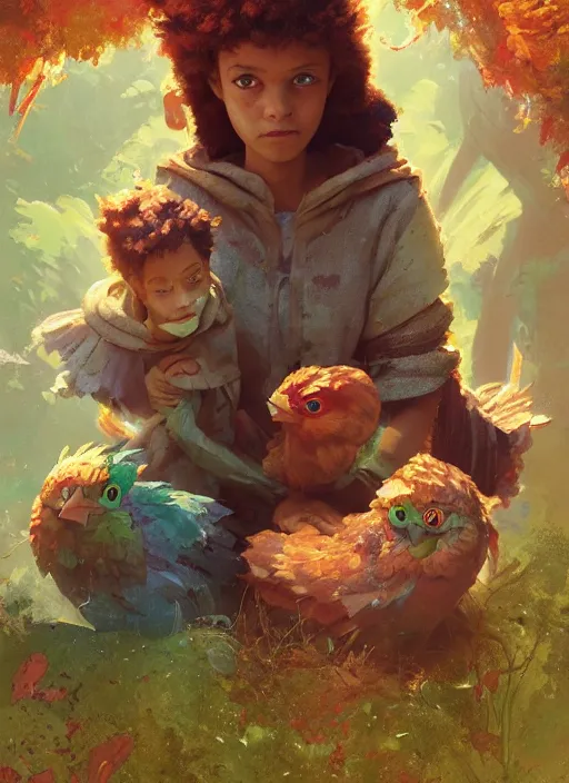 Image similar to a hen and her two children in a colorful movie by nuri iyem, james gurney, james jean, greg rutkowski, anato finnstark. pixar. hyper detailed, 5 0 mm, award winning photography, perfect faces