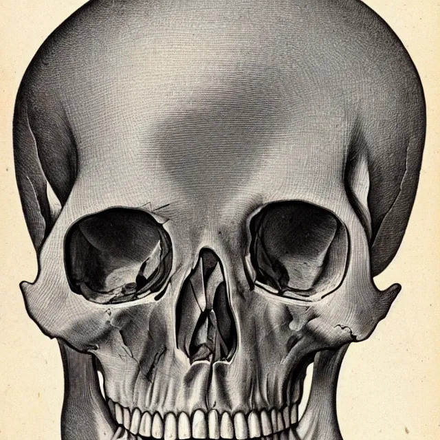 Image similar to vintage anatomical illustration of a fragmented skull into hundreds of pieces, vintage textbook
