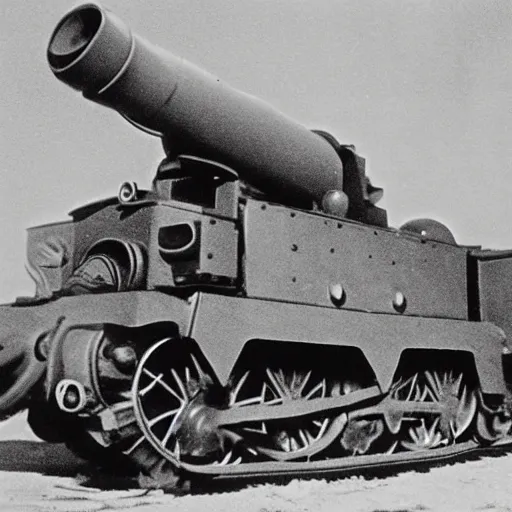 Image similar to WW2 era photograph of 800mm German artillery Dora from WW2 with with face of Thomas the Tank Engine