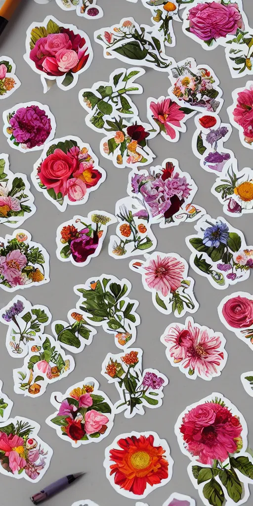 Image similar to flowers, unused sticker sheet, display grid, 2 0 px gap