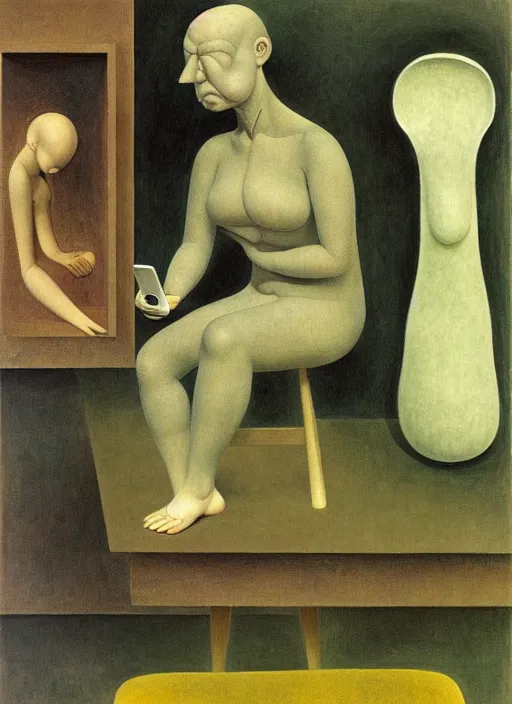 Image similar to man sitting on chair looking at his smartphone, hysterical, sweat, fat, frustrated, art by gertrude abercrombie hans bellmer and william blake