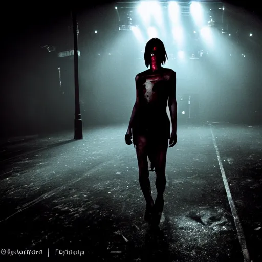 Image similar to supermodel in silent hill, on stage at heaven's night nightclub, 8 k, realistic, fashion photography