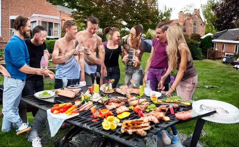 Prompt: a group of friends having a bbq with an alien at the backgardenof a detroit house