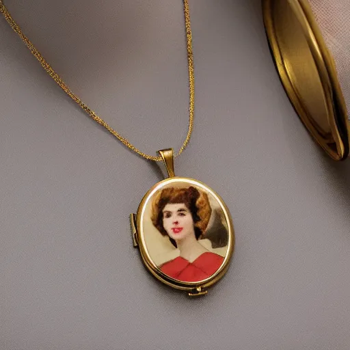 Image similar to open golden locket pendant with a retro photo of an elegant and aesthetic woman portrait, hanging from a closed hand.