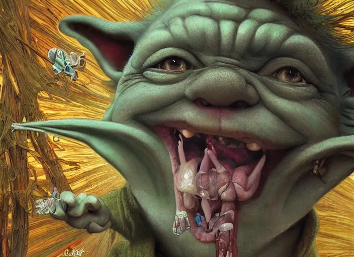 Prompt: a highly detailed portrait of a crazy laughing Yoda on a bad ketamine drug trip, drugs and alcohol littered everywhere, descent into lunacy and madness, dizzy, trippy, artstation, cgsociety, very detailed, intricate, detailed illustration, by artgerm and greg rutkowski and alphonse mucha, sharp, smooth, masterpiece