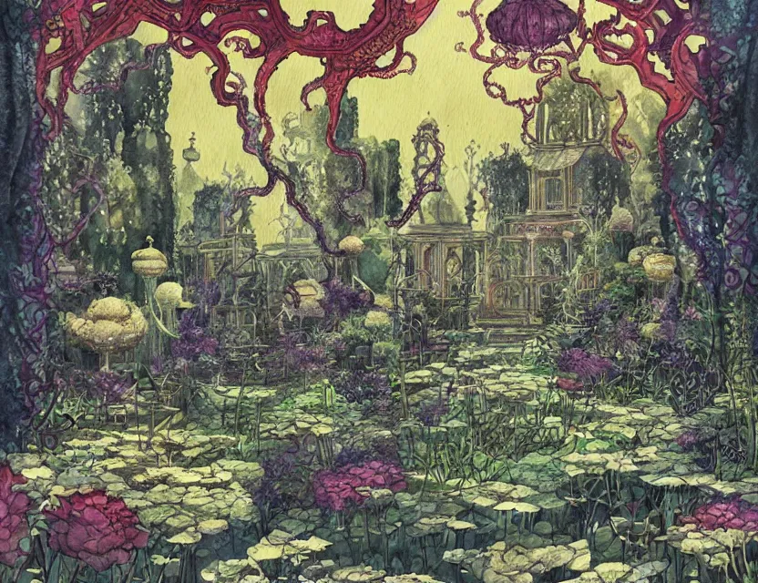 Image similar to lovecraftian persian palace garden. this watercolor painting by the award - winning mangaka has dramatic lighting, an interesting color scheme and great use of air perspective.