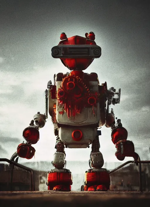 Image similar to Giant It Clown robot on a dusky land, cinematic shot, intricate, ornate, photorealistic, ultra detailed, realistic, 100mm, photography, octane, high definition, depth of field, bokeh, 8k, artstation