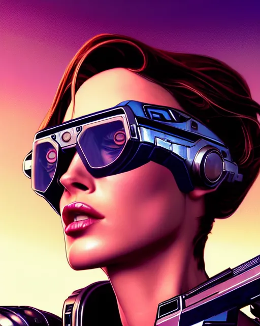 Prompt: low angle closeup beautiful mass effect retropunk megan fox wearing steampunk glasses, action glamour pose, jetsons, windblown dark hair, powerful, seductive, hyper detailed, digital art, studio lighting, smooth, ambient volumetric lighting, sharp focus, dan mumford, alphonse mucha, patrick nagle, 1 9 8 6, gta v, synthwave