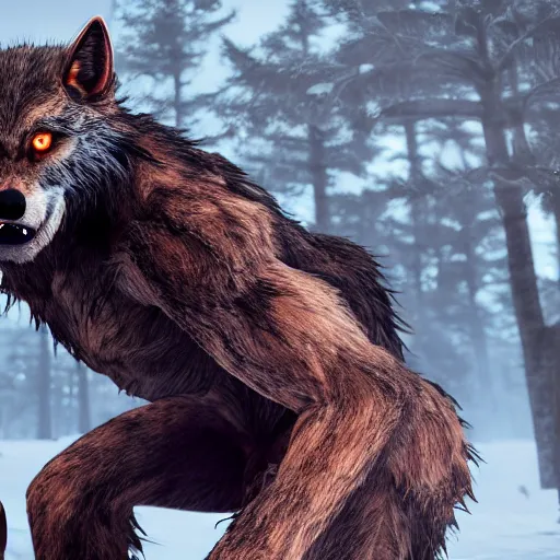 Prompt: man transforming into a werewolf, full body, hyper realistic, 8 k, unreal engine, realistic brown fur, full moon background, ray tracing