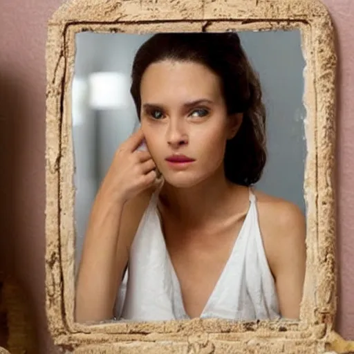 Image similar to a beautiful actress sitting at a vanity in front of a cracked mirror, beautiful face, elegant furniture