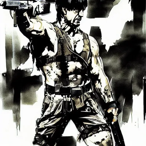 Prompt: an illustration of Stallone as Rambo by Yoji Shinkawa and Ashley Wood