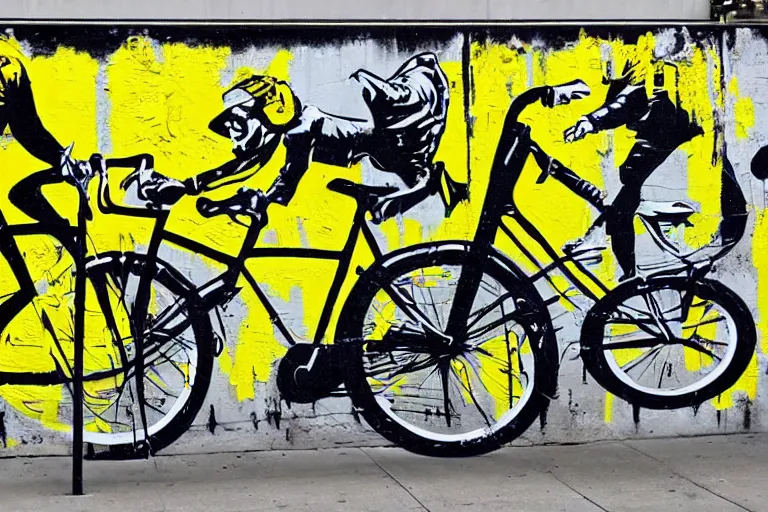 Image similar to bike stylize, san francisco, bansky art style, dynamic, yellow jersey