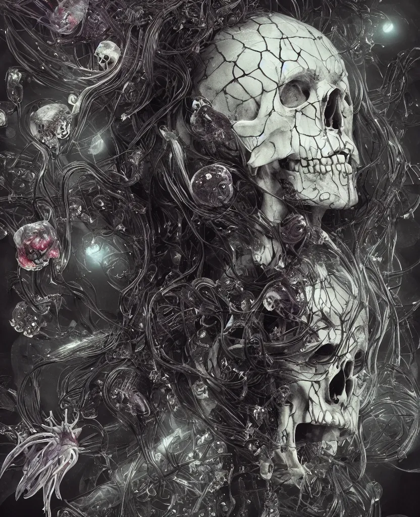 Image similar to close-up portrait goddess skull, thorax, x-ray, backbone, jellyfish phoenix head, nautilus, orchid, skull, betta fish, bioluminiscent creatures, dark deep background, intricate artwork by Tooth Wu and wlop and beeple. octane render, trending on artstation, greg rutkowski very coherent symmetrical artwork. cinematic, black and white, contrast, hyper realism, high detail, octane render, 8k