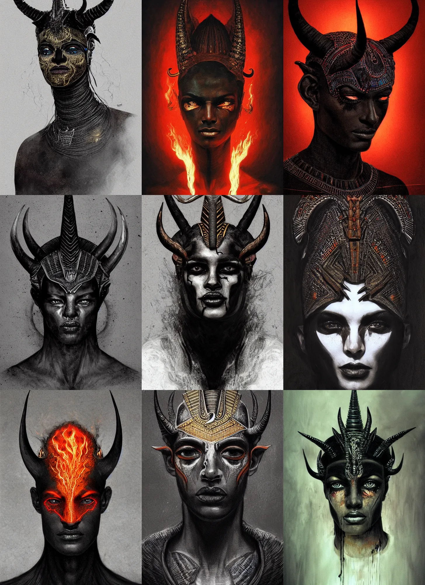 Prompt: black skinny face with horns, portrait, flaming eyes, hell, egyptian clothes, intricate, moody, dark, highly detailed, artstation, concept art, sharp focus, illustration, morhbacher, barlow, beksinski