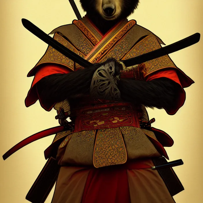 Image similar to anthropomorphic samurai bear, diffuse lighting, fantasy, intricate, highly detailed, lifelike, photorealistic, digital painting, artstation, illustration, concept art, smooth, sharp focus, art by alphonse mucha