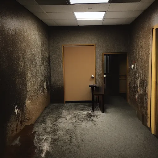 Prompt: backrooms office space, ominous lighting, moldy walls