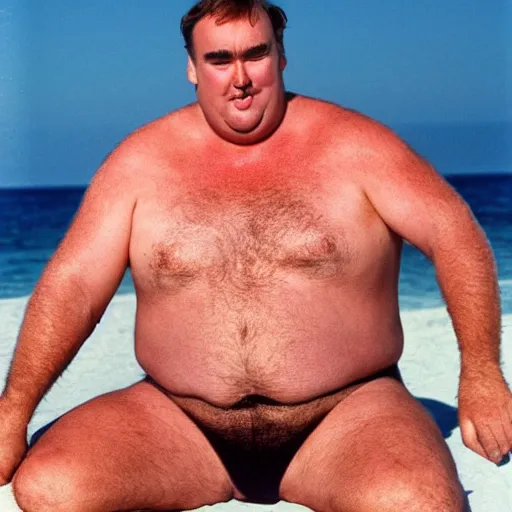 Prompt: john candy is relaxing on the beach, he is rubbing barbeque sauce on his skin. robin williams rubs bbq sauce on hos skin but his arms are too hairy, vacation photo