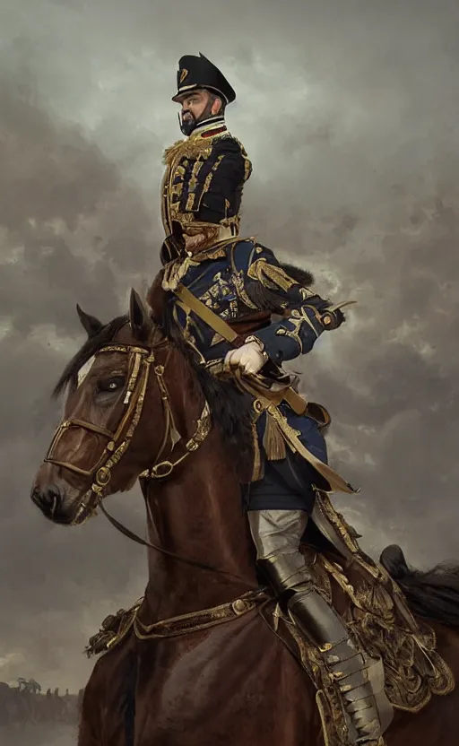 Prompt: portrait of a victorian general on horseback, wearing army uniform, male, detailed face, victorian, highly detailed, cinematic lighting, digital art painting by greg rutkowski